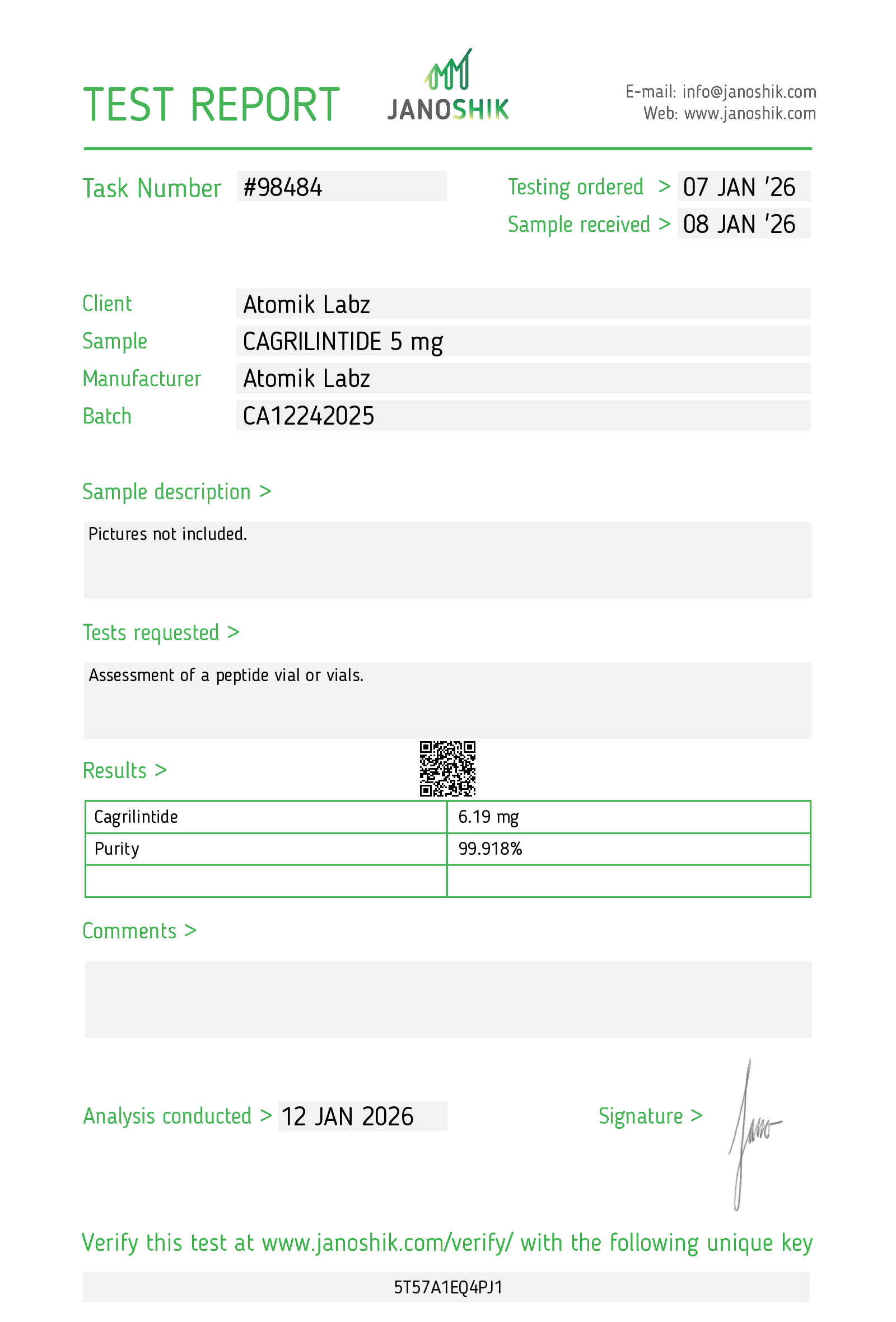 Cagrilintide (5mg) Certificate of Analysis from Atomik Labz