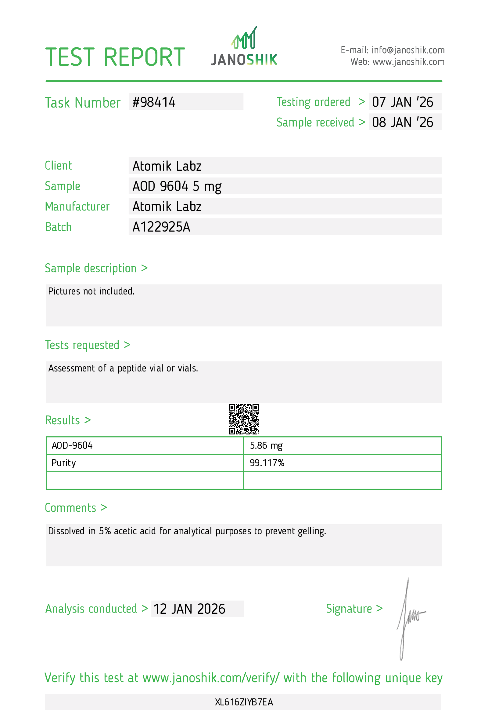 AOD-9604 (5mg) Certificate of Analysis from Atomik Labz
