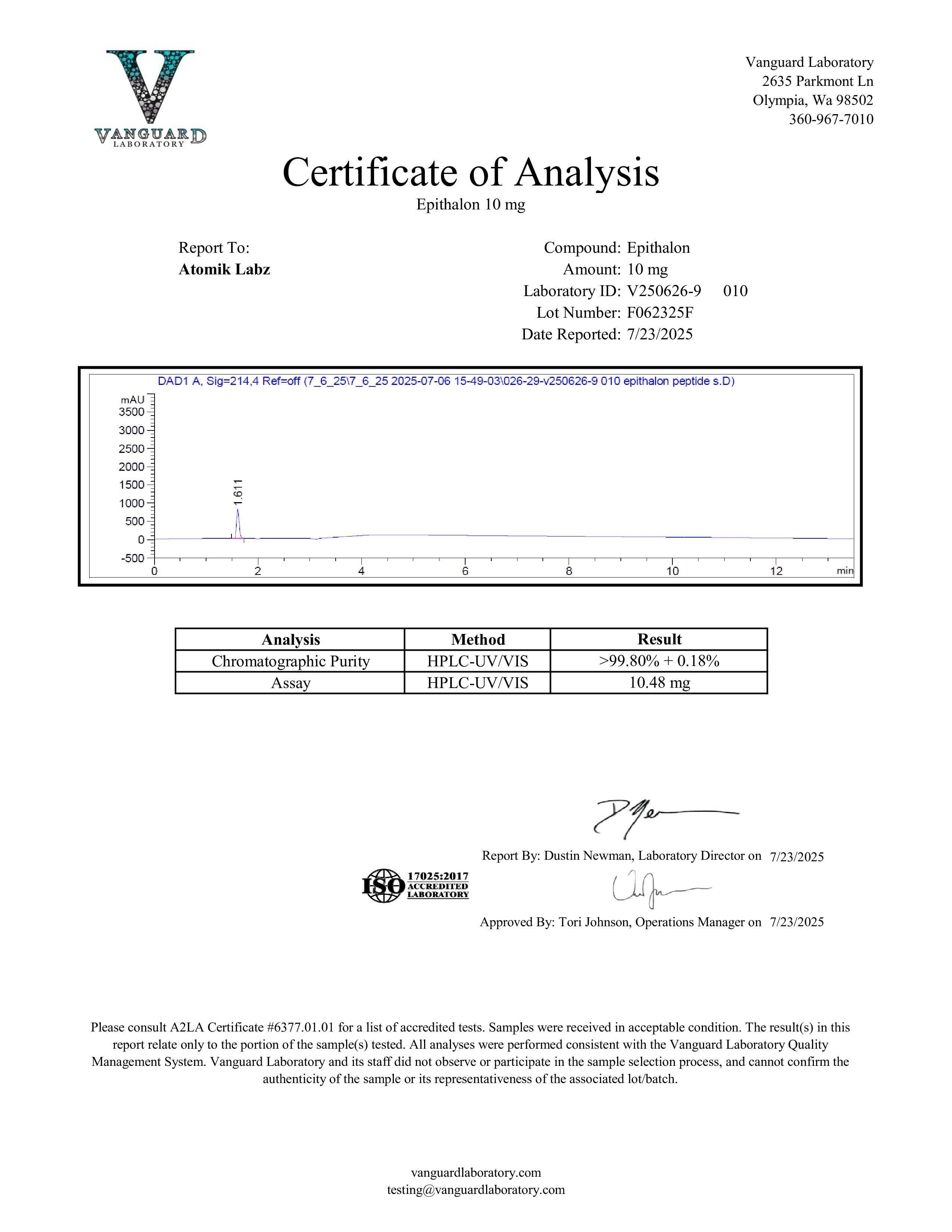 Epithalon (10mg) Certificate of Analysis from Atomik Labz