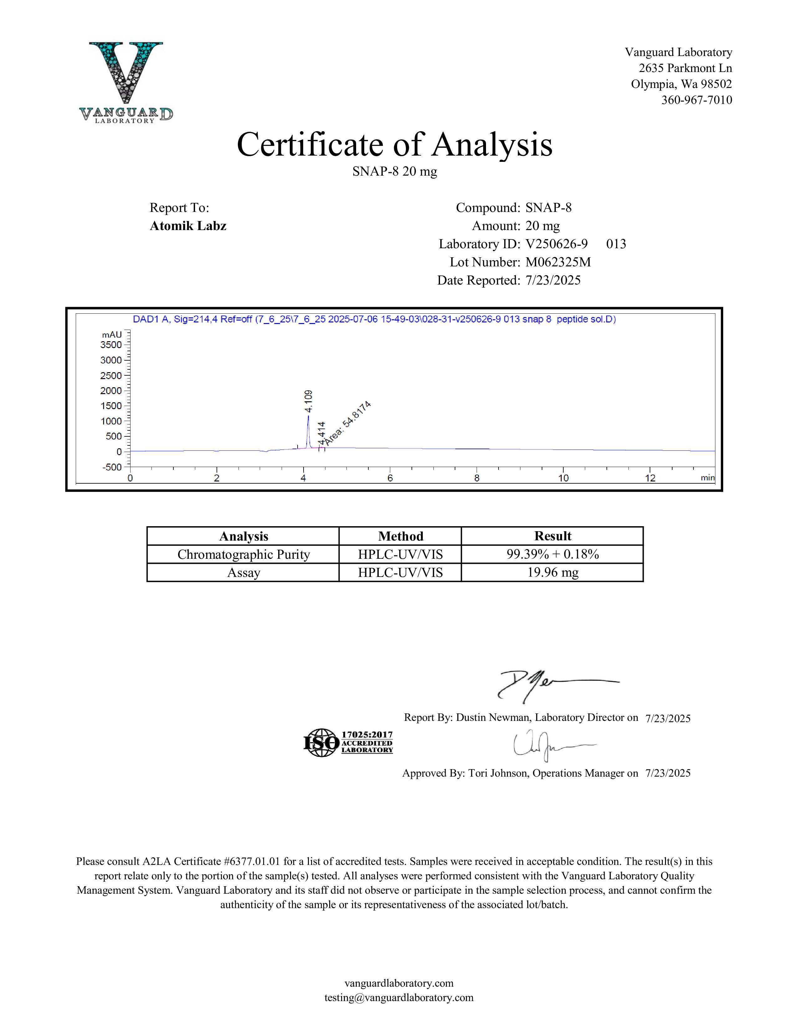 SNAP-8 (20mg) Certificate of Analysis from Atomik Labz