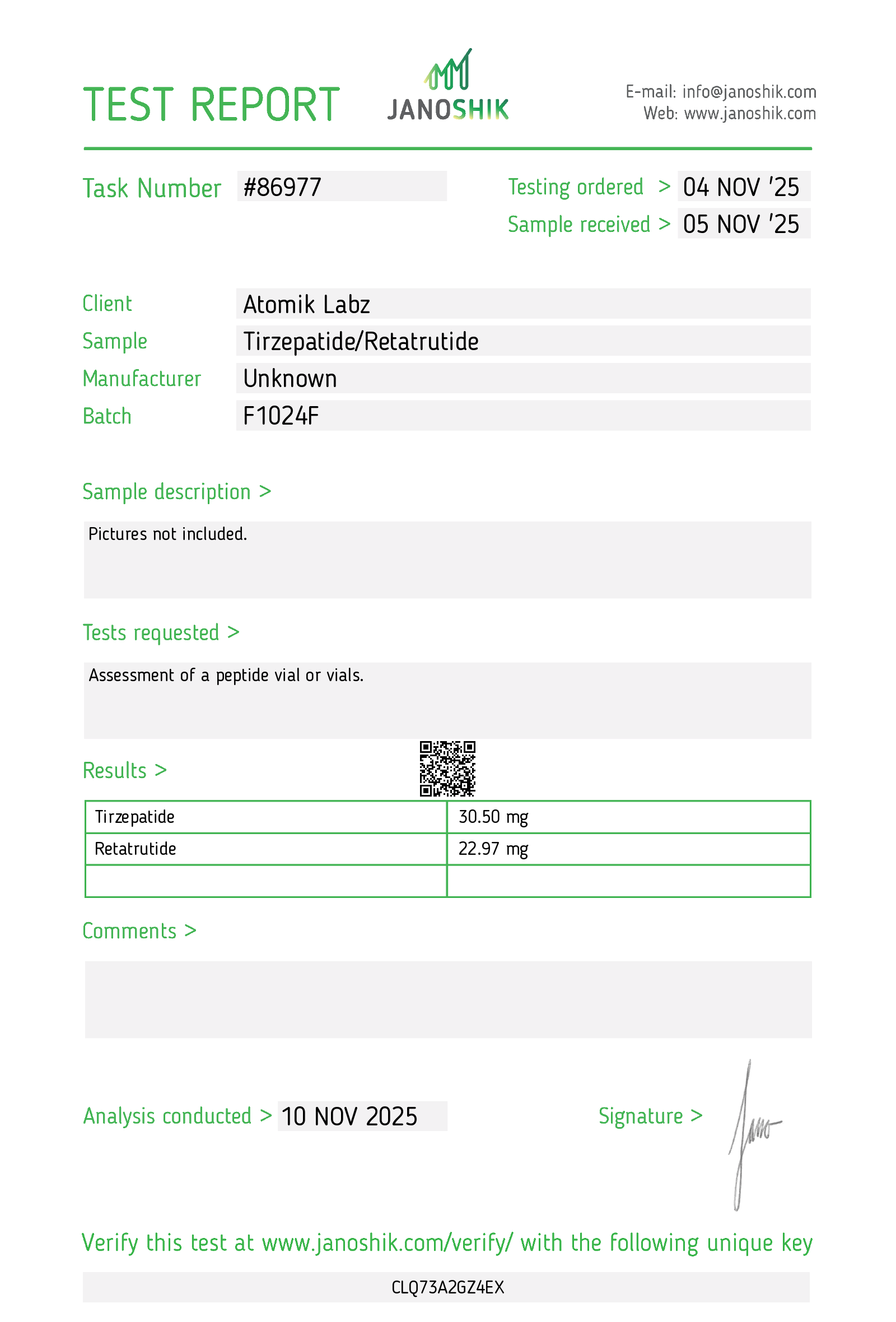 GLP-3R/GLP-2T (20/30mg) Certificate of Analysis from Atomik Labz