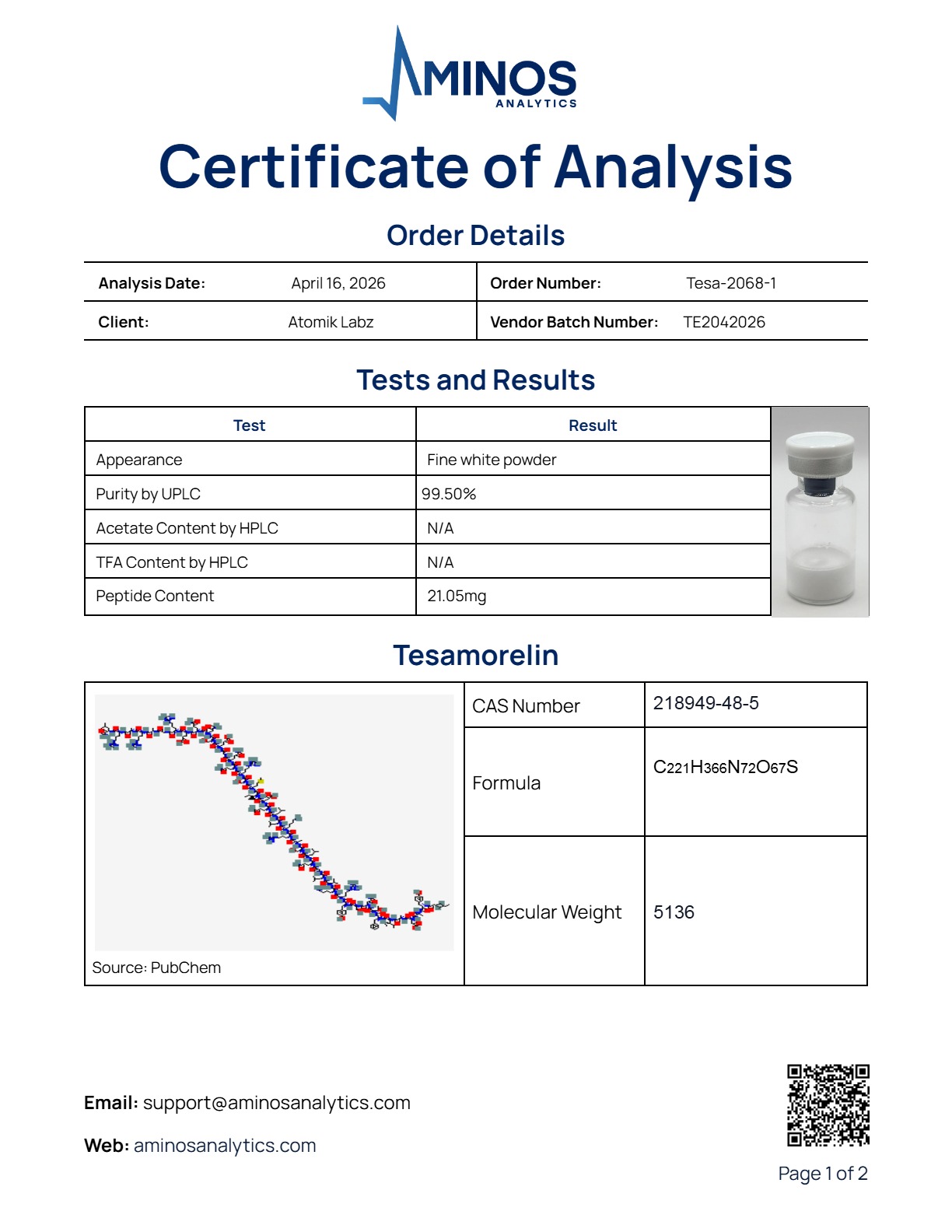 Tesamorelin (20mg) Certificate of Analysis from Atomik Labz