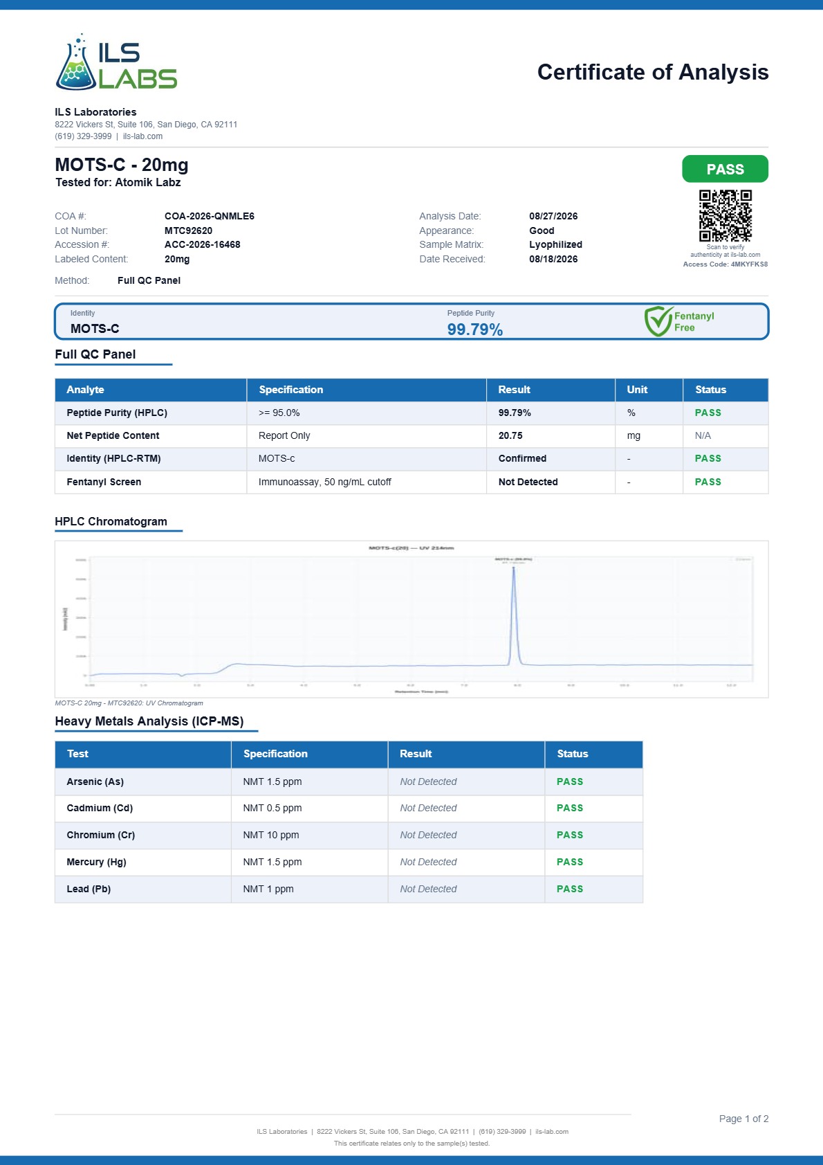 MOTS-c (20mg) Certificate of Analysis from Atomik Labz